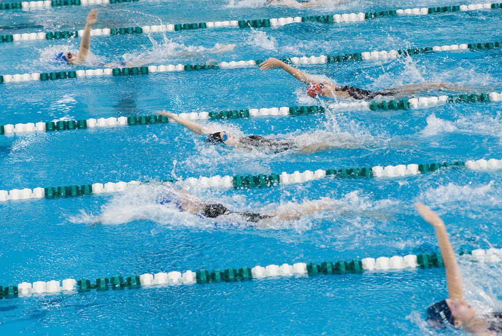 Viele Teilnehmer-/innen schwimmen in einem Schwimmbecken.